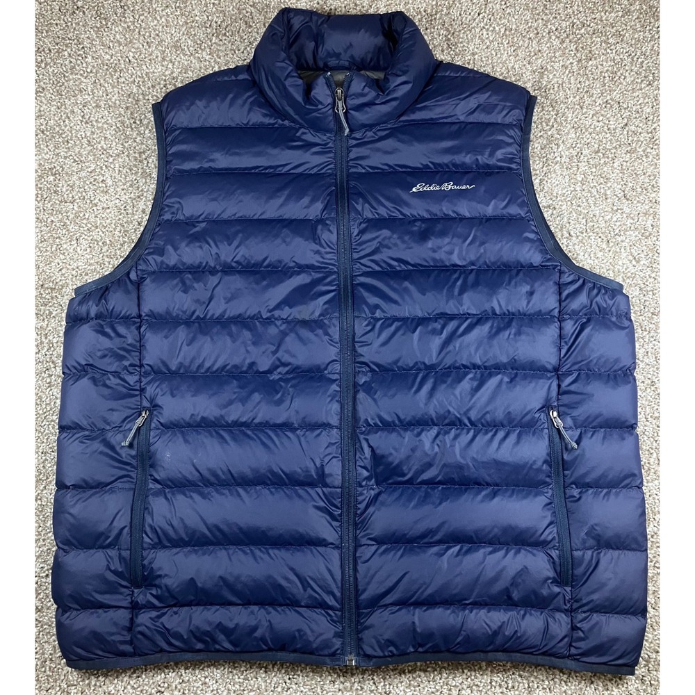 Eddie Bauer Mens XL Navy Blue Down Puffer Vest Full Zip Lightweight Quilted